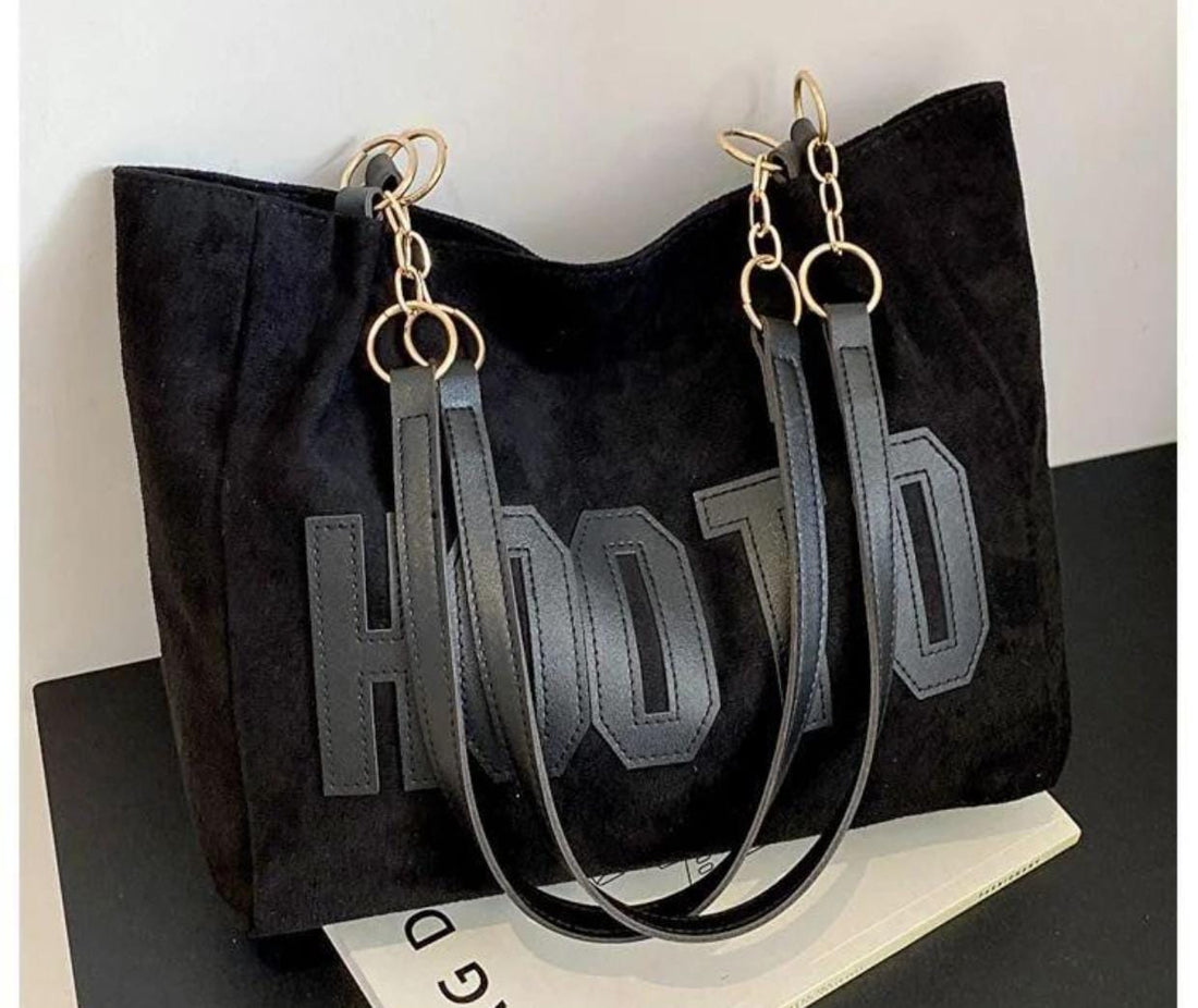 Premium Black Suede Tote Bag with Gold Chain Handles